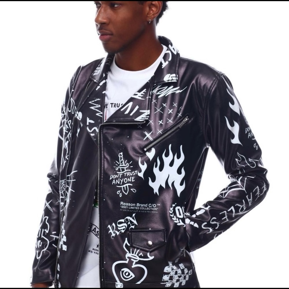 NWT. Reason Black Crazed Biker Allover Print Jacket. Size M.